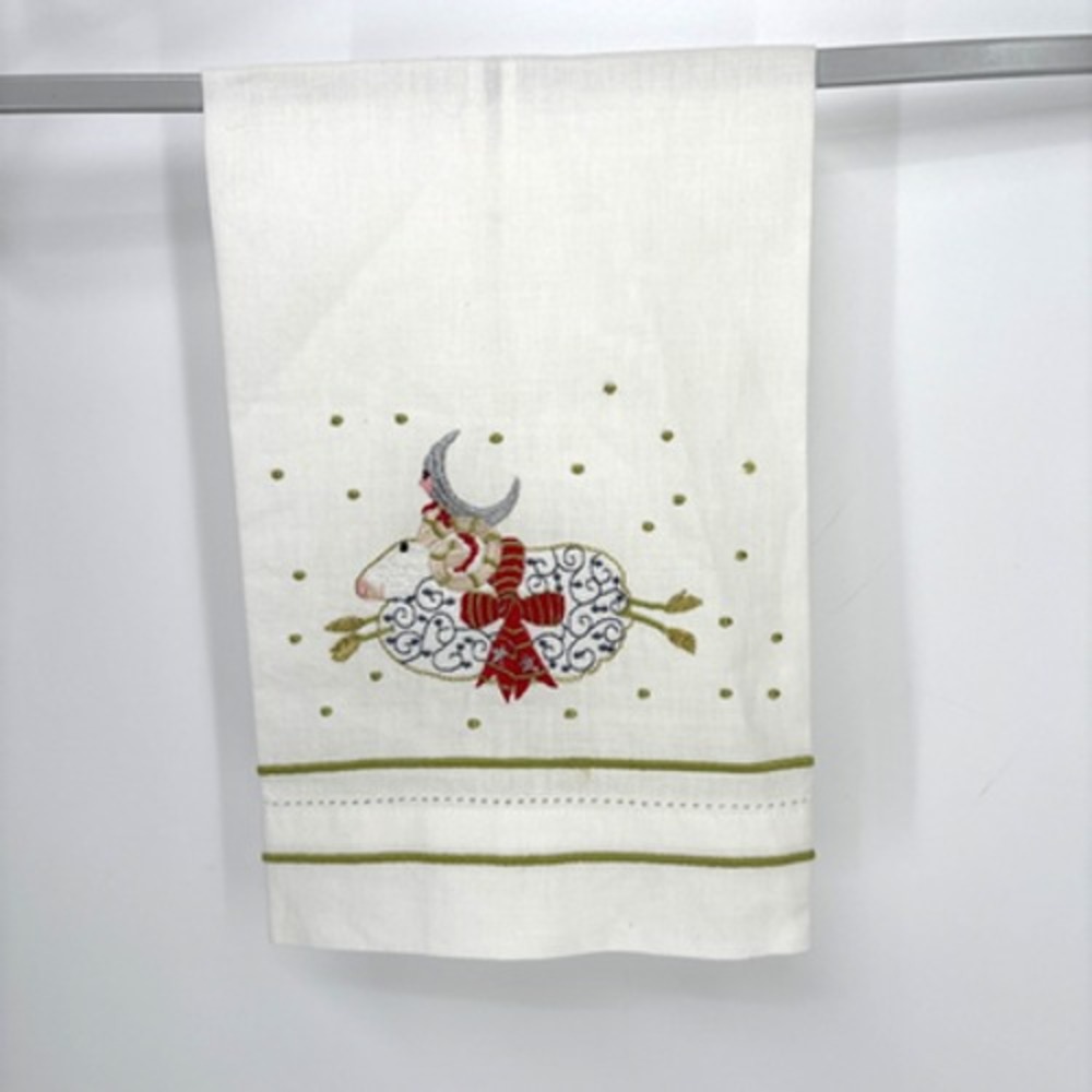 Patience Brewster Tea Towel Holiday Sheep Joyful Celestial Ram Embroidered Hand